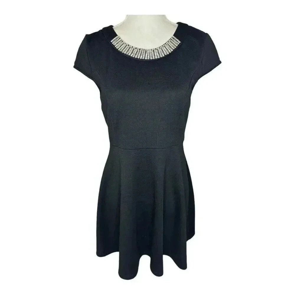 Anthropologie Elodie Size Large Black Dress With Rhinestone Neckline